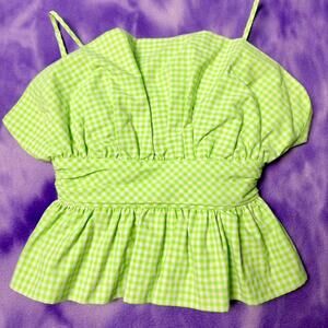 Zara fluorescent green and white gingham ruffle strappy top